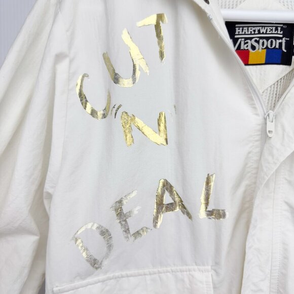 HARTWELL 90’s VTG White Bomber Gambling Jacket with Gold Accents sz M - Picture 6 of 15